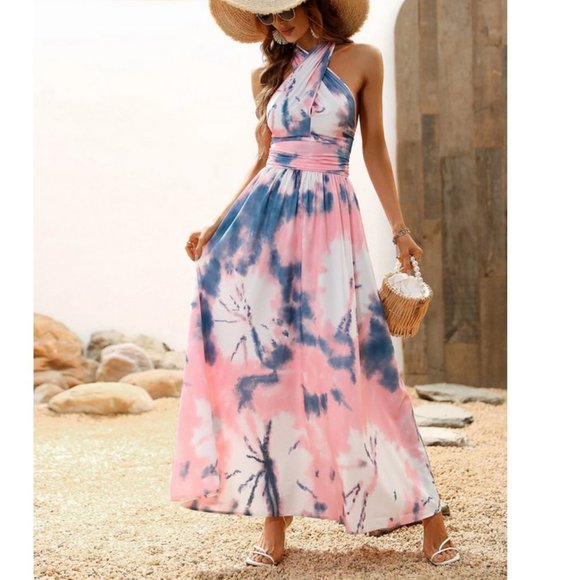 Multicolor Boho Womens Tie Dye Backless Shirred Halter Dress - Picture 2 of 7